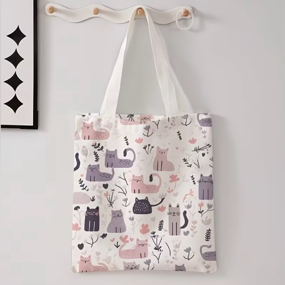 Brand New Whimsical Cartoon Kitten & Floral Print Shoulder Bag